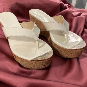 Jimmy Choo Women's 39 Pathos White Patent Leather Cork Wedge Flip Flops Sandals